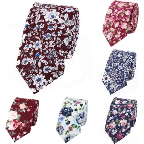 Ricnais Classic Pure Cotton Black Print 6cm Slim Flower For Men Neck Tie Narrow for Wedding Business Party Casual Gift