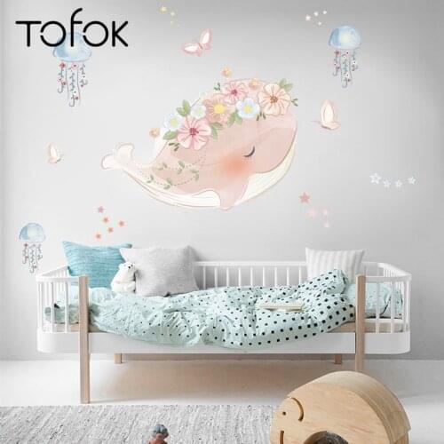 Tofok Cute Pink Whale Wreath Jellyfish Decorative Sticker DIY Home Wall Sticker Self-adhesive Children Room Nursery Decals