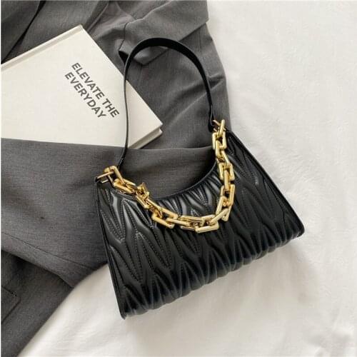 Vintage PU Leather Solid Color Casual Shoulder Underarm Bags For Women Fashion Thick Chain Ladies Simple Small Shoulder Handbags