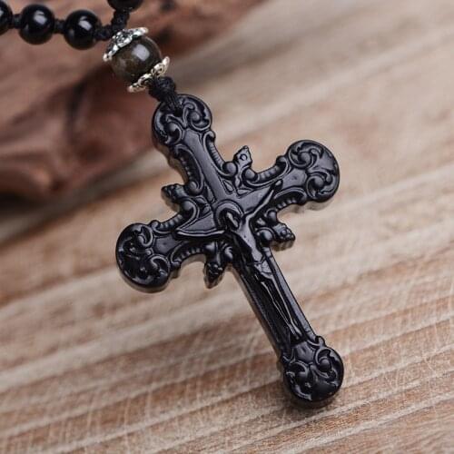Top Quality Natural Obsidian Stone Pendant Carved Cross Amulet Lucky Pendant Necklace Women Mens Fine Jade Jewelry