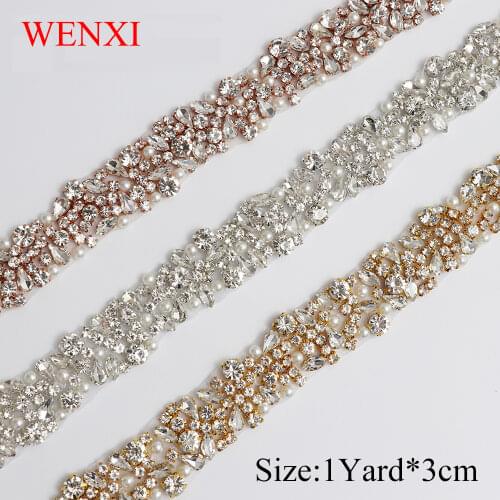 WENXI 1YARD Handmade Sewing On Iron on Bridal pearl Crystal Rhinestone Applique Trim For Wedding Dress Sash WX880