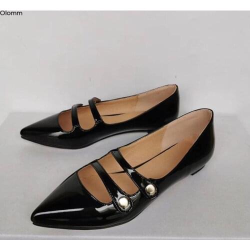 Olomm 2020 New Fashion Women Shiny Flats Pointed Toe Flat with Heels Flats Elegant Black Casual Shoes Women US Plus Size 5-15