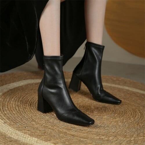 Back Zipper Womens Boots Genuine Leather Pointed Toe Shoes Woman Heels 2021 Winter Office Lady Party Ankle Boots Leather