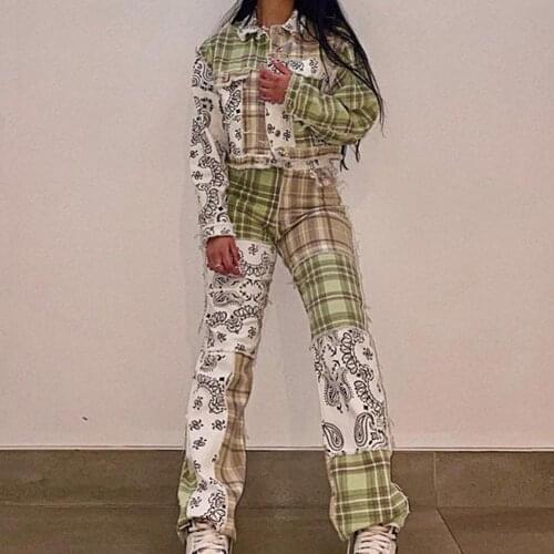 Women Jeans Patchwork Straight Cotton Blend Checkerboard Denim Jeans for Daily Wear