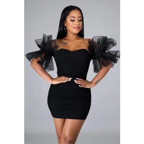 2021 New Style Women Sexy Mini Dress Ladies Solid Color Short Puff Sleeves Slim Bodycon Short Dress Streetwear