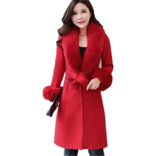New 2021 Winter Womens Woolen Long Coats Big Faux Fur Collar Female Outerwear Long Sleeve Removable Burrs Trendy Lady Overcoats