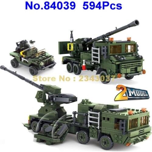 84039 594pcs Military Army Ww2 Guidance Radar Artillery Vehicle 2 Building Blocks Toy