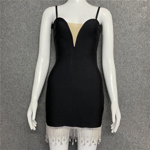 2021 New Arrival Beading Bandage Dress Women Sexy Bodycon Dresses Spaghetti Strap Club Celebrity Party Black Elegant Clothing