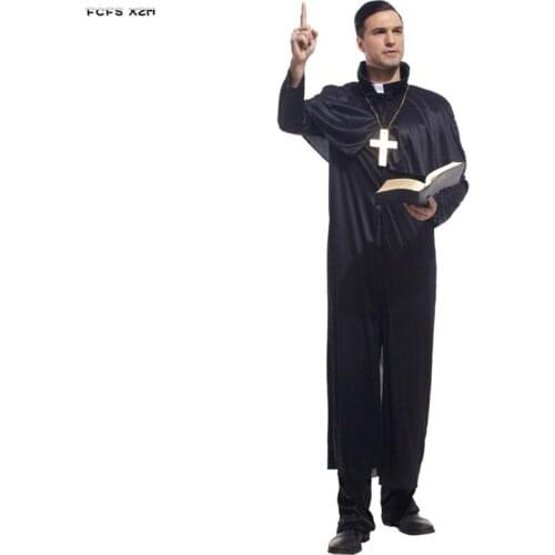 Black Man Halloween Priest robe Costumes Adult Pastor Cleric Cosplay Carnival Purim Masquerade Nightclub Role play Party dress