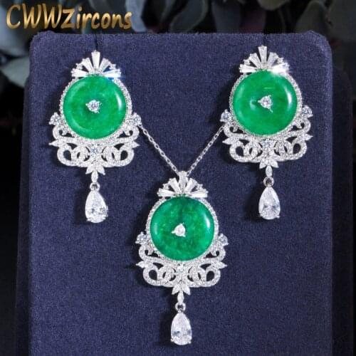CWWZircons Round Green Cubic Zircon Long Chandelier Drop Earrings Pendant Necklace Vintage Ethnic Jewelry Set for Women T440