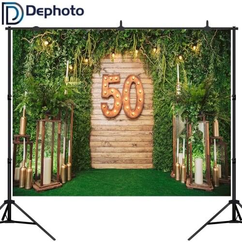 Dephoto Photography Backdrop Happy 50th Birthday Spring Green Leaf Wall Wedding Party Decoration Background for Photo Studio