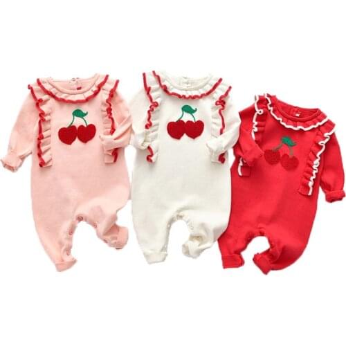 Baby Rompers Cherry Lace Knitted Girl Jumpsuit Outfits Long Sleeve Autumn Infant Newborn Overalls Winter Warm Children Wear