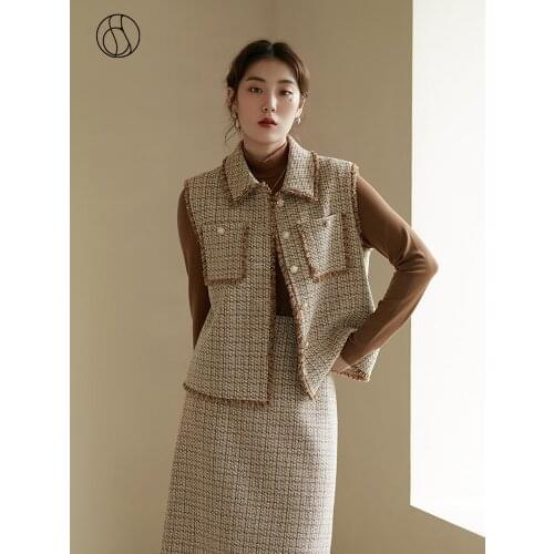 DUSHU Women Temperament Small Fragrance Jackets Autumn Winter New Straight Slim Retro Vests Patch Pocket Design Commuter Vests