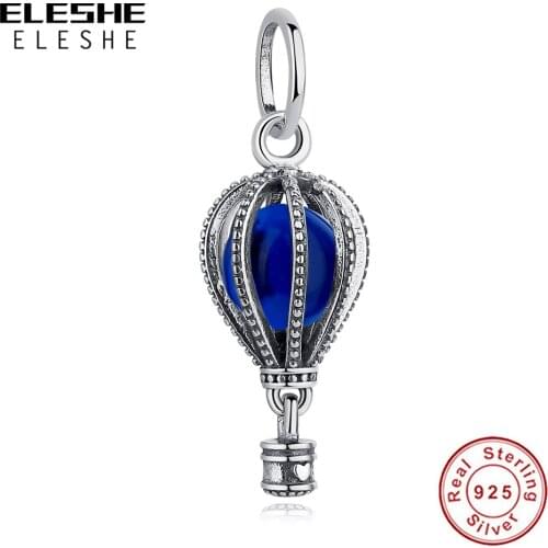 ELESHE Wholesale 925 Sterling Silver Blue Crystal Hot Air Balloon Charm Fit 925 Sterling Silver Bracelets for Women Jewelry