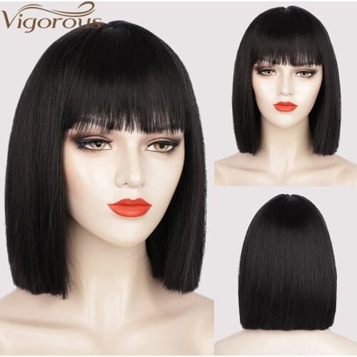 Vigorous Short Straight Bob Wig Synthetic Black Wig With Bangs Blonde/ Pink/ Wigs for Women Natural Hair Party Wigs