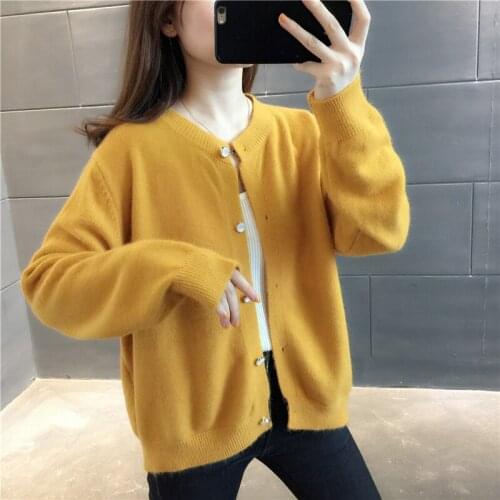 Plus color room 207093, row 2, No. 3 (top)] real shot round neck button solid color knitted cardigan [3025] 45