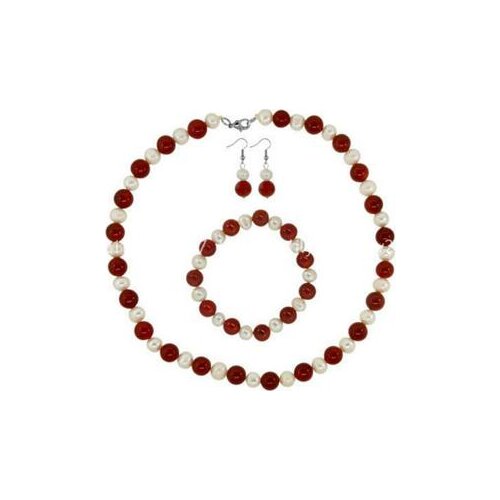 7-8mm Natural White Freshwater Pearl Red Jade Gems Necklace Bracelet Earring Set