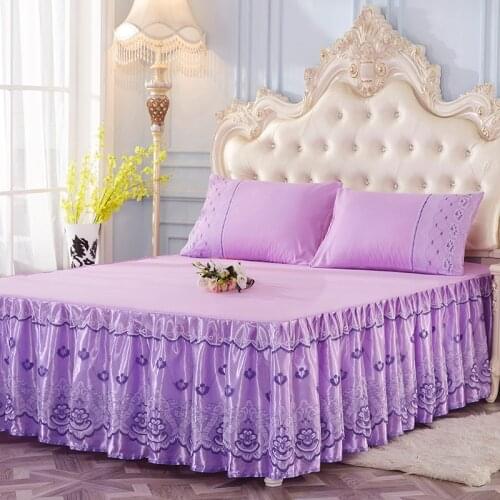 2019 Home High Quality Cotton Polyester Smoked Purple Bedding Bed Skirt 3pcs Queen Size Cover Bedspread Solid Color Bed Decor