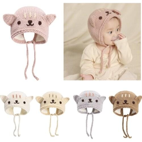 Cute Kitten Lace-up Baby Knitted Hat Sweet Knitted Wild Personality Outdoor Trend for Children Baby Boys and Girls G99C