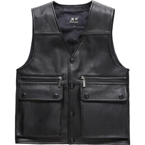 Classic Mens Motorcycle Biker Vest Black Genuine Leather Sheepskin Multi Big pocket Design Sleeveless Jacket