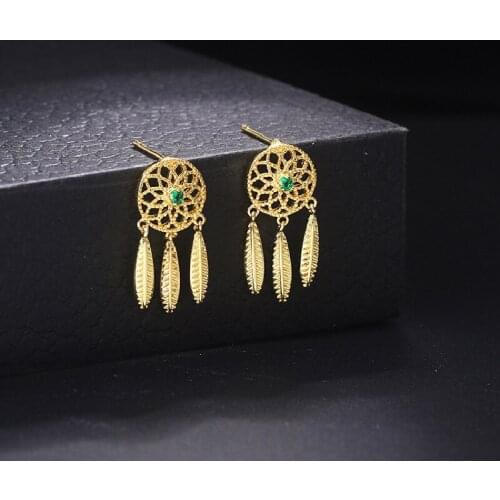 New Hollow Dream Catcher Inlaid Green AAA Zircon Tassel Earrings Female Real Gold Plated Jewelry