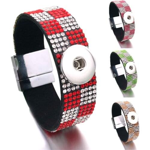 Interchangeable 075 Crystal Magnet Rhinestones Velvet Leather Bangle Fit 18mm Snap Button Jewelry Charm Bracelet For Women Gift
