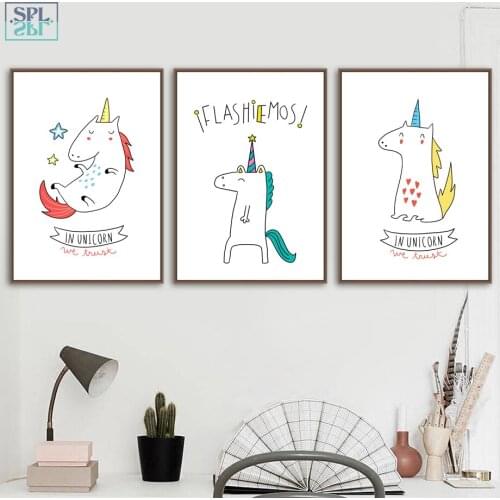 SPLSPL Unicorn Wall Art Canvas Painting Cartoon Posters And Prints Wall Pictures For Living Room Kids Room Decor Unframed