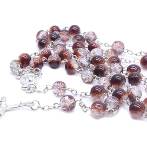 T84E Rosary Necklace Jesus Christ Cross Pendant Necklaces Round Alloy Bead Long Chain Men Women Christian Fashion Jewelry