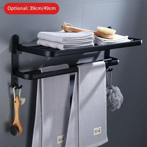 Towel Rack Punch-Free Shower Holder Aluminum Storage Shelf Bathroom Accessories Folding Wall Organizer Matte Black Hook Hanger