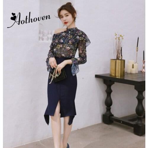 2 Piece Set Women Suit 2020 Spring Long Flare Sleeve Print Hollow Out Top and Asymmetrical Skirt Vintage Two Piece Sets Vestidos