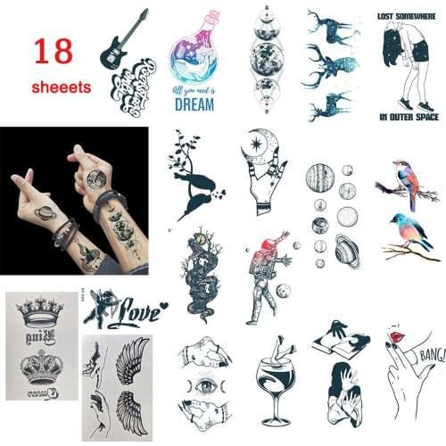 18 Sheets magic Cosmic Girl Waterproof Temporary Tattoos Lasting Fake Tattoos whale grass planet bass wings and hands
