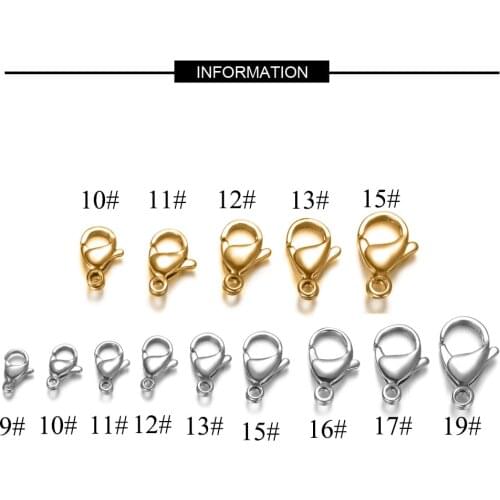 20pcs/lot 9-19mm Full Size 100% Real Stainless Steel Lobster Clasp Wholesale Finding Jewelry Supplies
