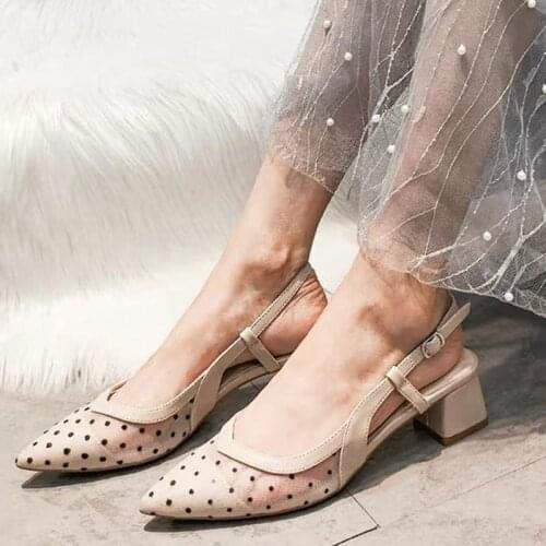 2021Fashion Summer Square Heels Shoes Women Pointed Toe Work Shoes Ladies Polka Dot Mesh Vintage Elegant Shallow Mule Shoes