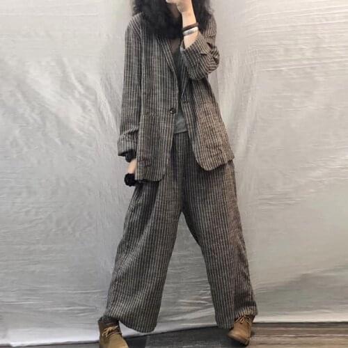 2021 Spring Autumn Women Suit Large Size Casual Suits Fashion Art Retro Loose 2 Piece Set Women Suit Blazer and Pants Linen Set