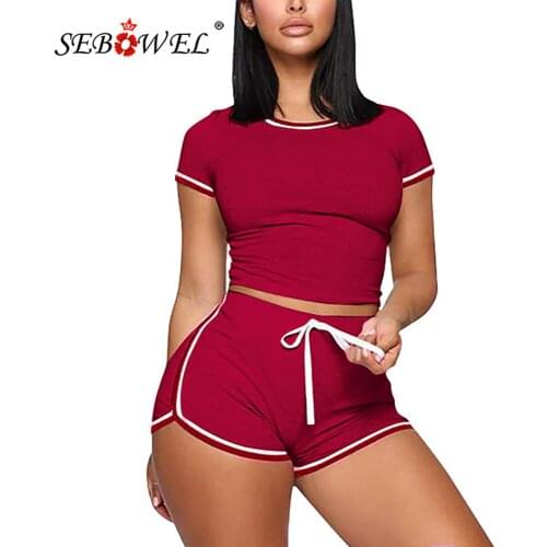 SEBOWEL Woman Two Piece Tracksuit Sets 2020 Summer Lady Crop Top + Drawstring Shorts Suits Female Casual Clothes Outfits S-XXL
