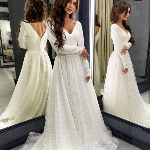 Simple A Line Wedding Dress V Neck Long Sleeve Satin Bridal Gown Open Back With Buttons Elegant Vestidos De Novia Custom Made