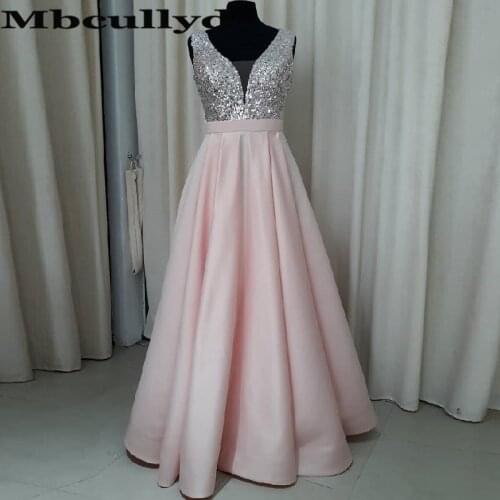 Mbcullyd Alluring V-neck Prom Dresses Long 2020 Top Sequined A-line Evening Dress For Women Pink Satin robe de soiree Customize