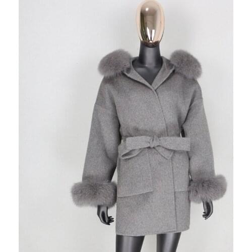 2021 New Real Fur Coat Winter Jacket Women Natural Fox Fur Collar Cuffs Hood Cashmere Wool Woolen Oversize Ladies Outerwear