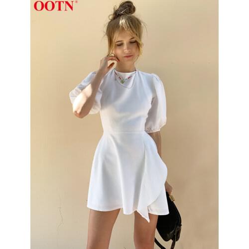 OOTN O-Neck Open Back Sexy Women Dress Puff Sleeve Green Solid Casual Summer Ladies White Lace Up Asymmetry Short Dresses Cotton