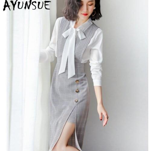 Spring Autumn Dress Women 2020 Casual Elegant Office Dress Female Sexy Bodycon Work Dresses White Shirt+plaid dress ZT1975