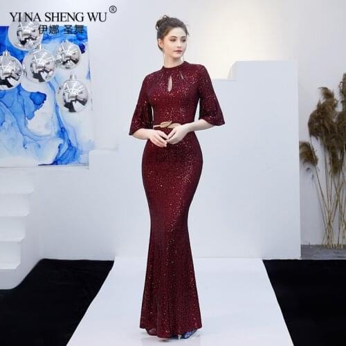 Red Sequined Luxury Evening Long Dress Women Half Sleeve Hollow Mermaid Party Dress Bodycon Elegant Prom Gown Sexy Club Dresses