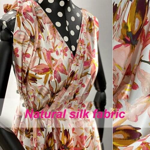 1 Meter 19 mmPink Floral Printed Silk Stretch Satin Fabric Shirt Dress Pajamas