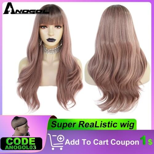 ANOGOL Wigs Ombre Brown Pink Deep Wave Long Hair With Bangs Synthetic Wigs For Women Christmas Heat Resistant Thick Wig Gift