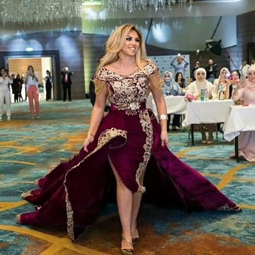 Burgundy Moroccan Kaftan Caftan Muslim Evening Dresses Sheath Cap Sleeves Appliques Dubai Arabic Turkey Abaya Islamic Gown