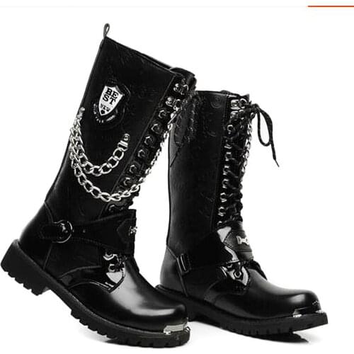Motorcycle boots Army Boots Men High Military Combat Boots Metal Chain Male Motorcycle Boots Punk Mens Shoes Man Leather boots