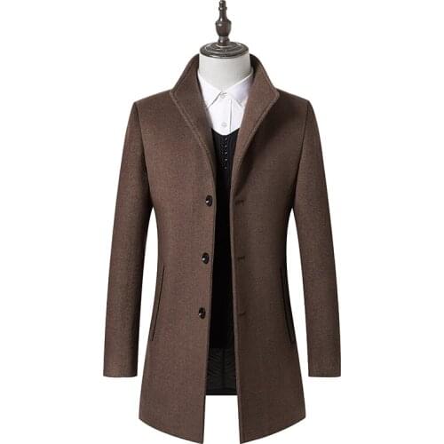 Brand Winter Wool Men Slim Thick Coat Stand Collar Male Fashion Wool Blend Outwear Jacket Smart Casual Trench Plus Size S-3XL