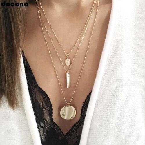 Docona Vintage Long Gold Round Mary Portrait Wafer Multi Layer Necklace for Women Boho Chain Pendant Choker Jewelry B37206