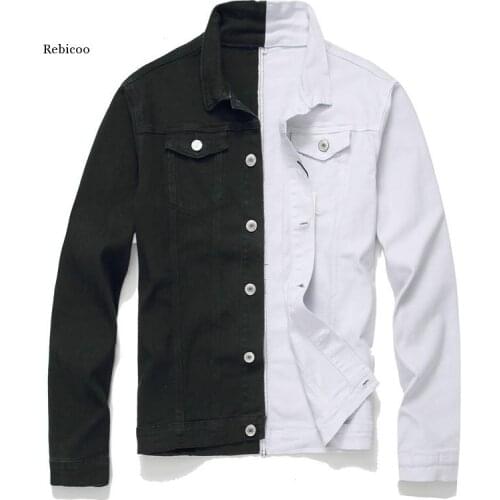 Men Streetwear Black White Two-Tone Patchwork Slim Fit Jean Jackets Motorcycle Man Hip Hop Cotton Casual Denim Jackets Coats