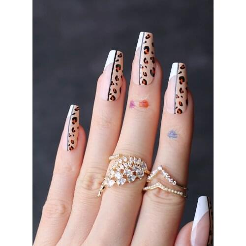 Coffin Nude French Leopard Print Mix and Match Art Fake Nails 24PCS Ballet False nails Medium
