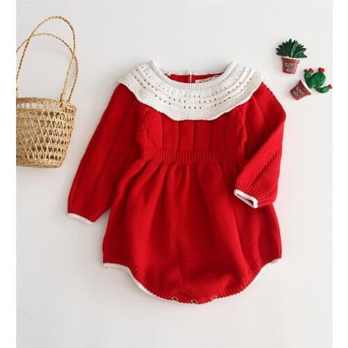 Toddler Girl Romper Korean Autumn Baby Solid Color Knitted Jumpsuit Baby Girl Doll Collar Long-Sleeved Cotton Romper Kid Clothes